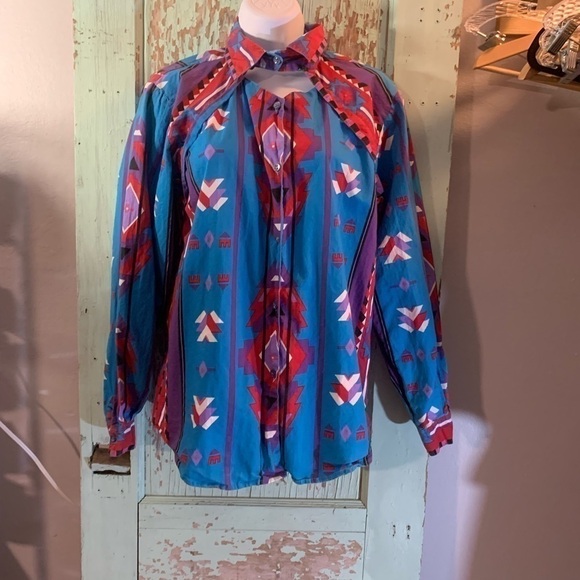Vintage Adobe Rose 1992 Women’s Southwestern Aztec Print Long Sleeve Button Down - Picture 6 of 7